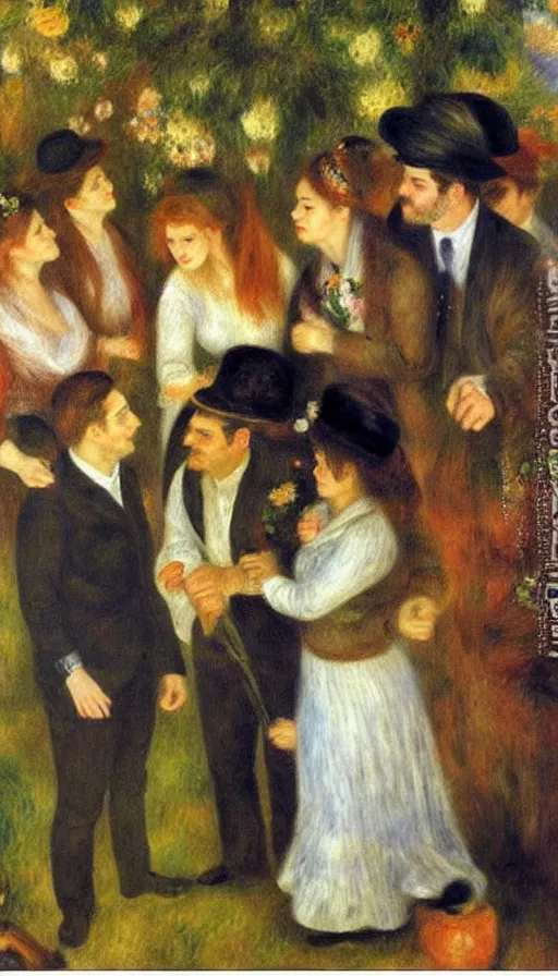 Prompt: a oil painting a group of people stand around a coffin in flowers, by renoir