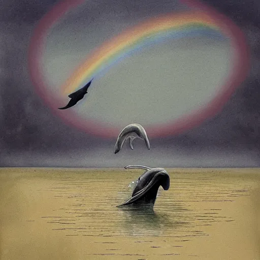 Prompt: the grim reaper on the back of a dolphin that is jumping over a rainbow, by santiago caruso,