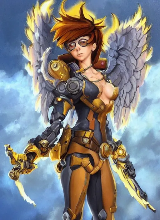 Image similar to full body oil painting of tracer overwatch in the style of frank frazetta, angel wings, angelic golden armor, dramatic painting, symmetrical composition, ornate, golden chains, high detail, gold detailed collar!!!!!, blooming, angelic, lights, flowers, heavenly, bright, detailed face,