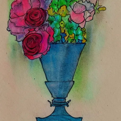 Image similar to a fancy vase with a colorful and beautiful flower arrangement by the fancy window. very stylize and delicate watercolor and pencil drawing on old newspaper. colors splashes. stains. view from far.