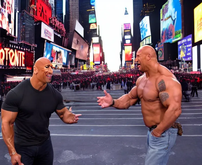 Image similar to dwayne the rock johnson and Adam Sandler on Methamphetamine at Times Square, photograph by Alfred Eisenstaedt, 4K, dramatic lighting; high energy; Full mood; 4K 8K