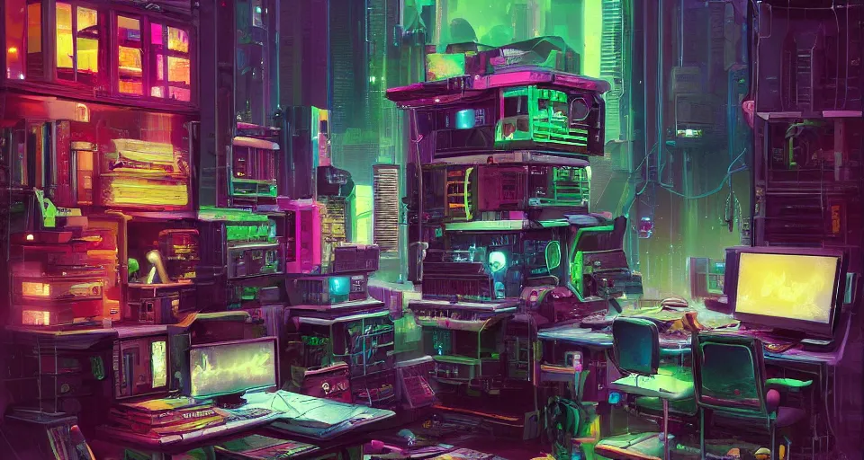 Image similar to IKEA catalogue photo of a cyberpunk bureau, by Paul Lehr