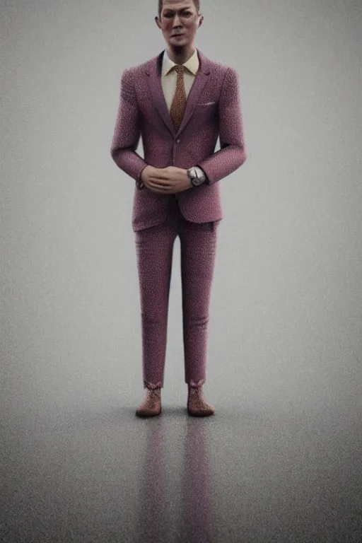 Image similar to a scene with a creature wearing a super detailed muted color diy! suit with fluo details, vivienne westwood!, detailed photoreal render octane render, pointillism, full body