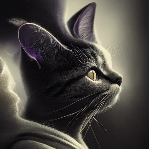 Image similar to picture generation, soft painting curiosities carnival, beautiful cat head hybrid in full long dress, accurate features, focus, very intricate ultrafine details, black white purple volumetric clouds, award winning masterpiece, octane render 8 k hd, tom bagshaw artstyle