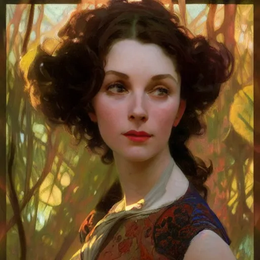 Prompt: a beautiful closeup portrait of a young vivian leigh, forest background, serene colors, dramatic light, gorgeous view, depth, high detail, digital art, painted by alphonse mucha and greg rutkowski, trending on artstation
