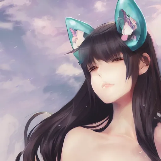 Image similar to An anime portrait of beautiful girl with cat ears, by Stanley Artgerm Lau, WLOP, Rossdraws, James Jean, Andrei Riabovitchev, Marc Simonetti, and Sakimichan, tranding on artstation