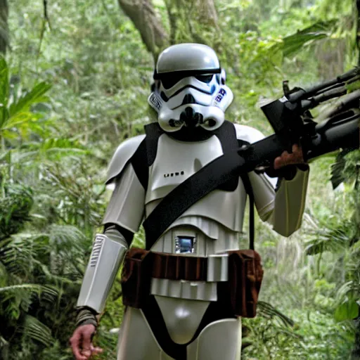 Prompt: a scout trooper, in the jungle, star wars, film still, panavision panaflex