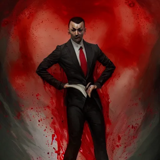 Image similar to portrait of aamir khan upper body in bloody business suit, blood red eyes, vampire fangs, fantasy, intricate, elegant, highly detailed, digital painting, artstation, concept art, matte, sharp focus, illustration, art by aenaluck and roberto ferri and greg rutkowski, epic fantasy, digital painting