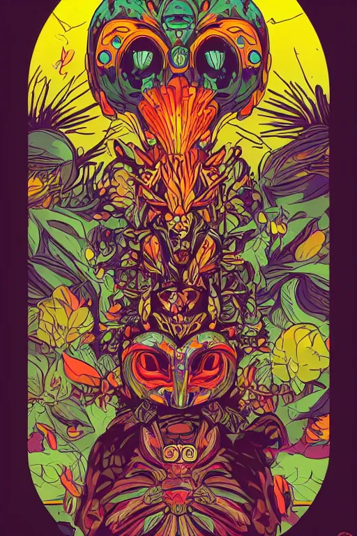 Image similar to animal mask totem roots flower tribal feather gemstone plant wood rock shaman vodoo video game vector cutout illustration vivid multicolor borderlands comics by josan gonzales and dan mumford radiating a glowing aura