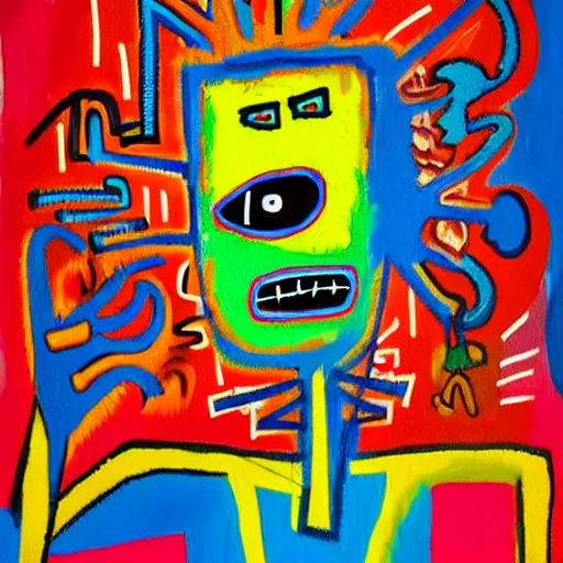 Image similar to colorful odd colors detailed abstract neo expressionism chaotic oil painting of sad boy business man depressed with tattoos by basquiat