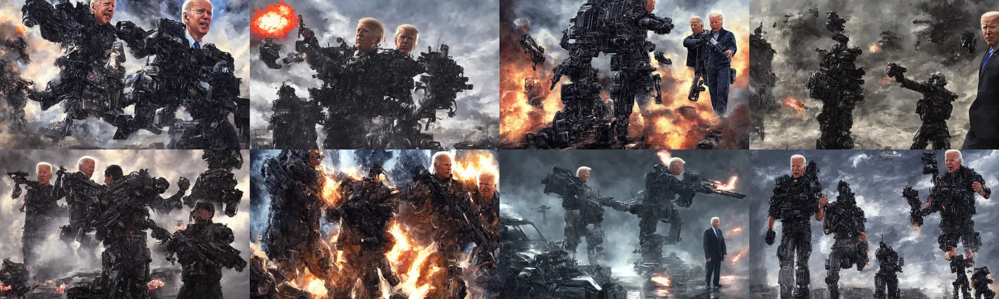 Prompt: joe biden is a terminator shooting donald trump, cinematic, establishing shot, extremly high detail, photorealistic, cinematic lighting, artstation, style by James Gurney