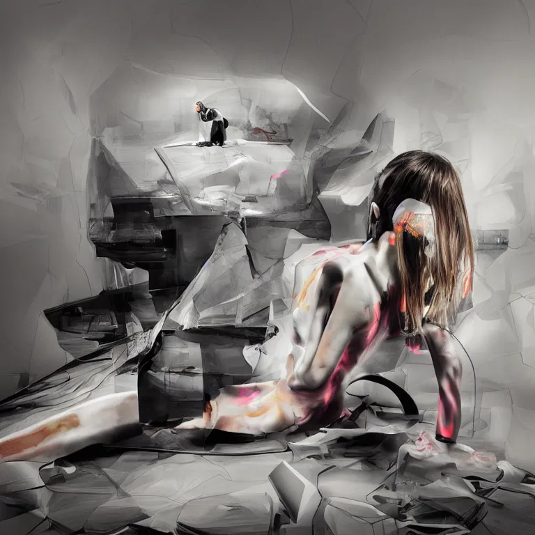 Image similar to the mind is leaving the body of a computer by mia brownell, art by anna hotchkis, antonio saura, very detailed, maximalism, ambient occlusion, volumetric light, atmospheric haze, hyper realism, futuristic but colorful shading, cinematic composition, realistic render, photography, wide shot