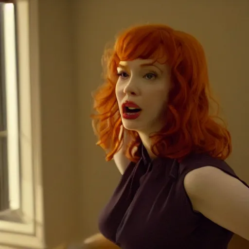 Image similar to amazing beautiful Christina Hendricks with mouth wide open in the living room, film still from the movie directed by Denis Villeneuve , wide lens