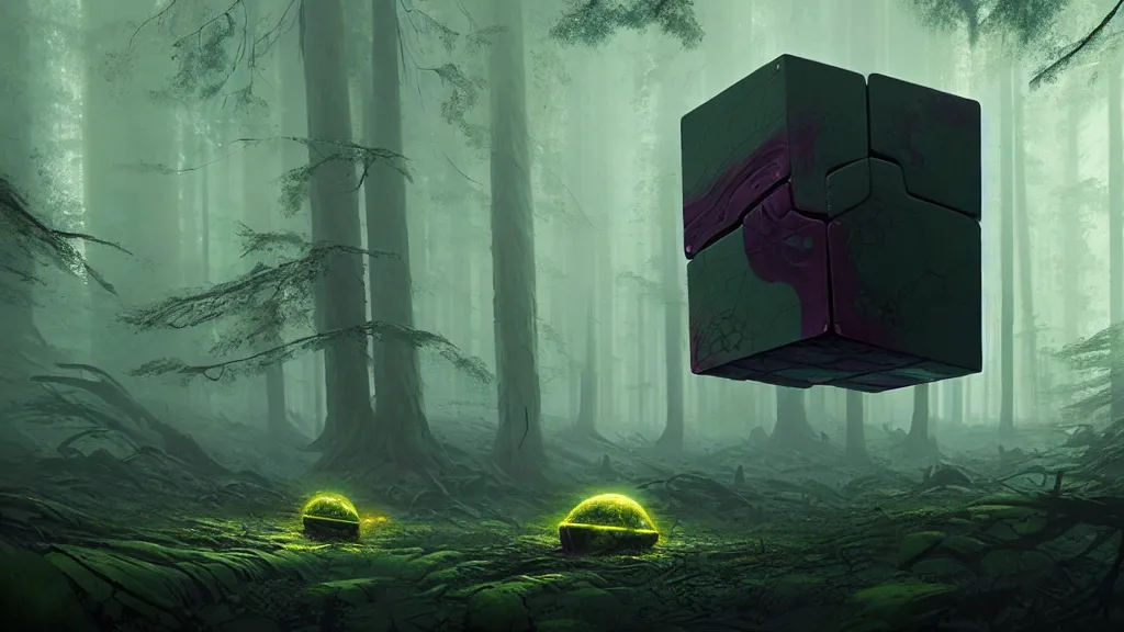 Image similar to a huge indeterminate color alien cube with a strange texture from nanotechnology, forgotten and lost in the forest, detailed digital art by greg rutkowski.