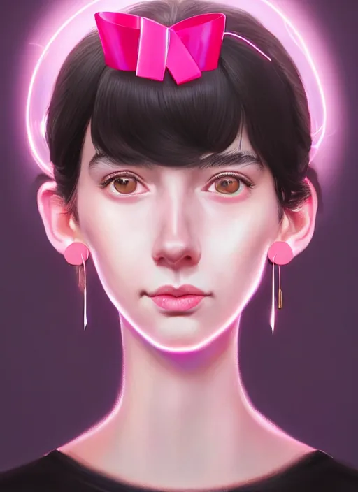 Image similar to portrait of high school girl, realistic, black hair, bangs, half updo hairstyle, pointy nose, skinny, smile, ugly, defined jawline, big chin, pink hair bow, earrings, intricate, elegant, glowing lights, highly detailed, digital painting, artstation, sharp focus, illustration, art by wlop, mars ravelo and greg rutkowski