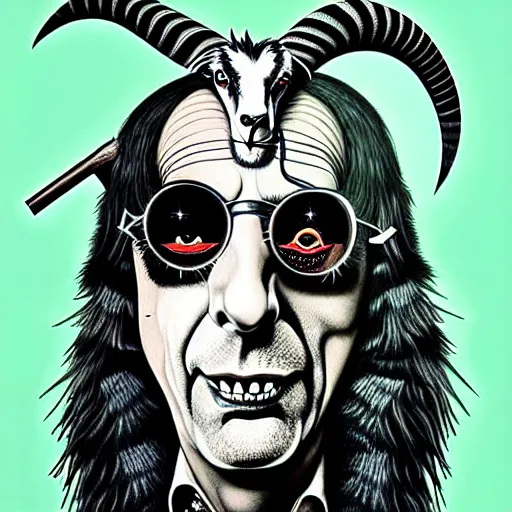 Image similar to graphic illustration, creative design, alice cooper as a goat, biopunk, francis bacon, highly detailed, hunter s thompson, concept art