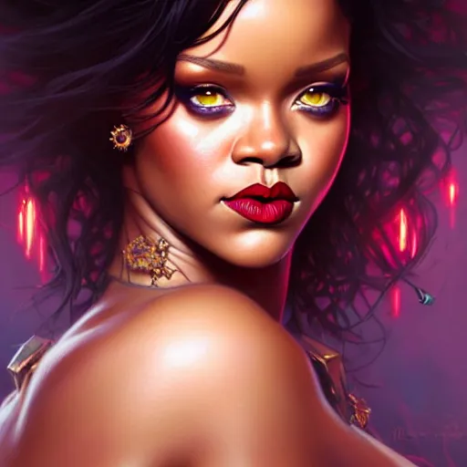 Image similar to Rihanna as a fantasy magic woman portrait, sci-fi, amber eyes, face, long hair, fantasy, intricate, elegant, highly detailed, digital painting, artstation, concept art, smooth, sharp focus, illustration, art by artgerm and greg rutkowski and alphonse mucha