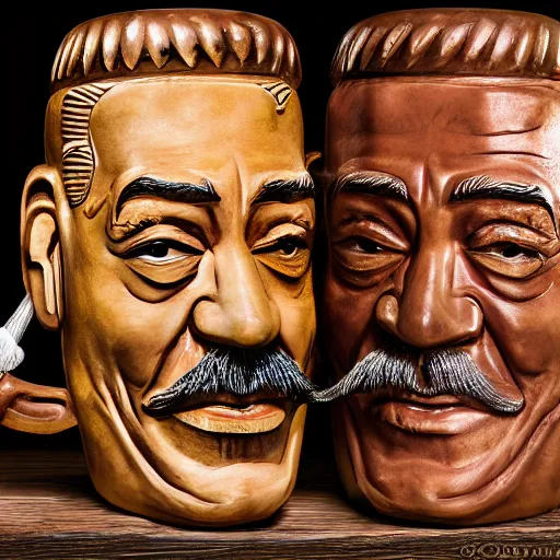 Image similar to a closeup photorealistic photograph of smiling salvador dali at trader vic's bar sitting next to a trader vic's style tiki mug featuring the face of salvador dali. tiki culture. bright scene. 4 k hd image that's trending on artstation, featured on behance, well rendered, extra crisp, features epic composition and the style of unreal engine.