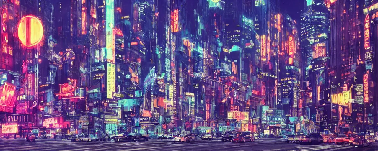 Image similar to ''photorealistic stablishing shot of futuristic new york city, at night with neon signs, shot in imax camera with anamorphic 4 0 mm lens by denis villeneuve''