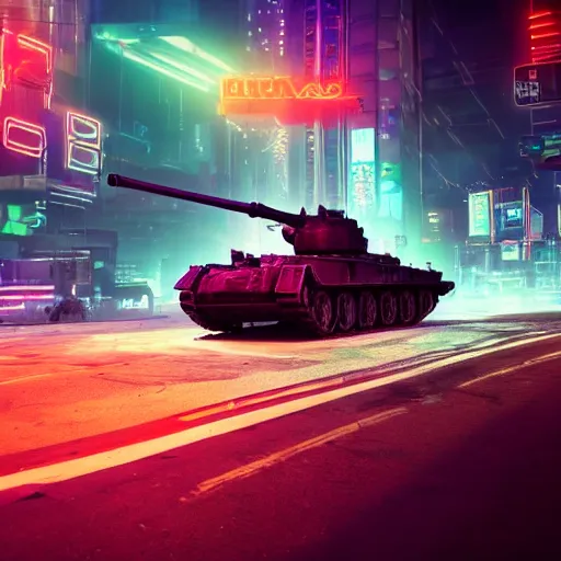 Image similar to high quality photo of a tank in a cyberpunk cyberpunk cyberpunk city, neon lights, realism, 8k, award winning photo, no water