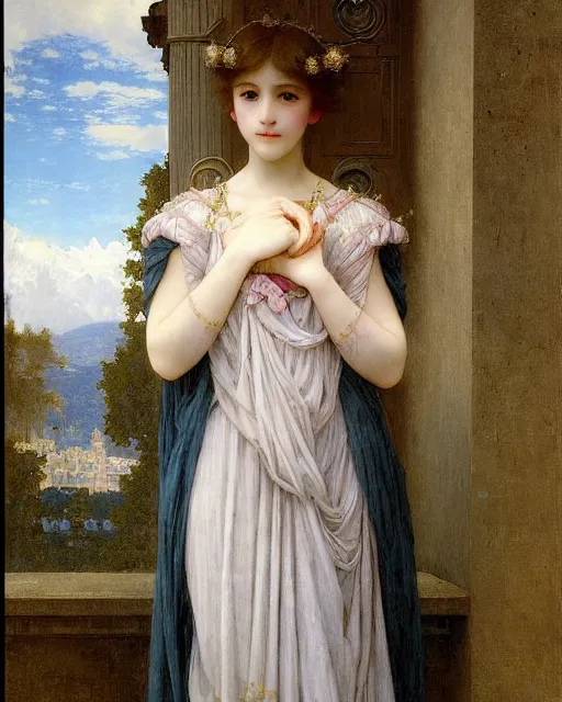 Image similar to beautiful anime style girl, she is standing in the middle of a palace, realistic painting, by Edgar Maxence and William-Adolphe Bouguereau