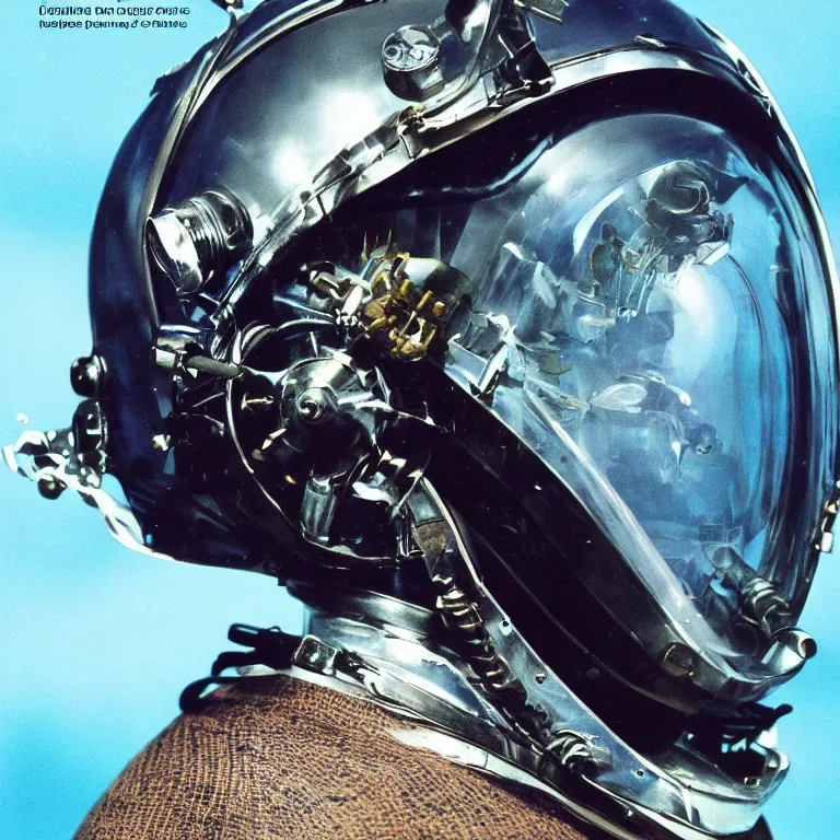 Image similar to beautiful extreme closeup portrait photo in style of frontiers in human deep diving helmet Helmets of Emperor Charles V the Wise science fashion magazine September retrofuturism edition, highly detailed, soft lighting