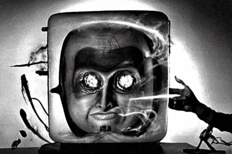 Prompt: a subgenius is shocked to see an alien appear on his television in his living room. sparks and smoke come out of the television. film still from 1 9 5 0 s sci - fi