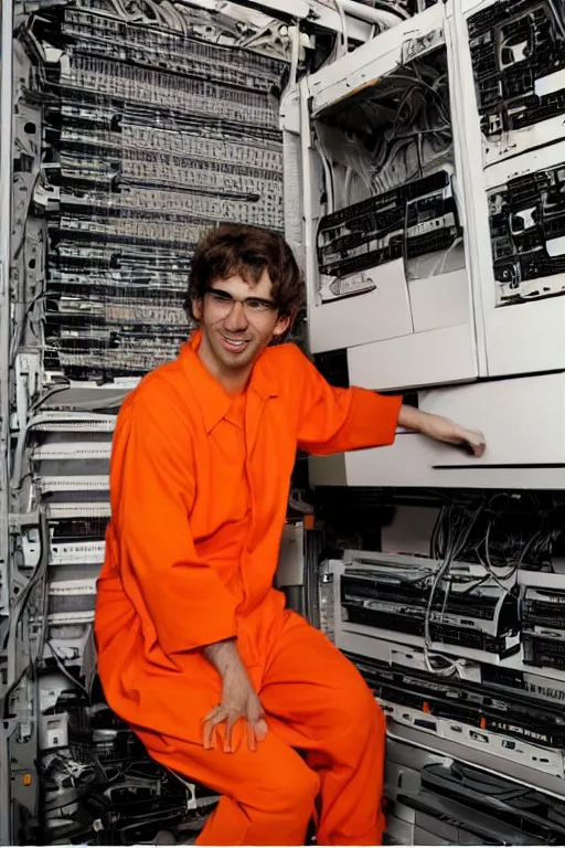 Image similar to extremely arrest photo of the programmer who killed the middle manager who bought an ibm mainframe and actually thought that was a good idea. high contrast color, orange jumpsuit, absolutely no regrets, smile on his face