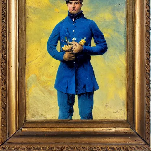 Image similar to an impasto oil painting of a soldier holding a colorful flower painted by caspar david friedrich, blue color scheme