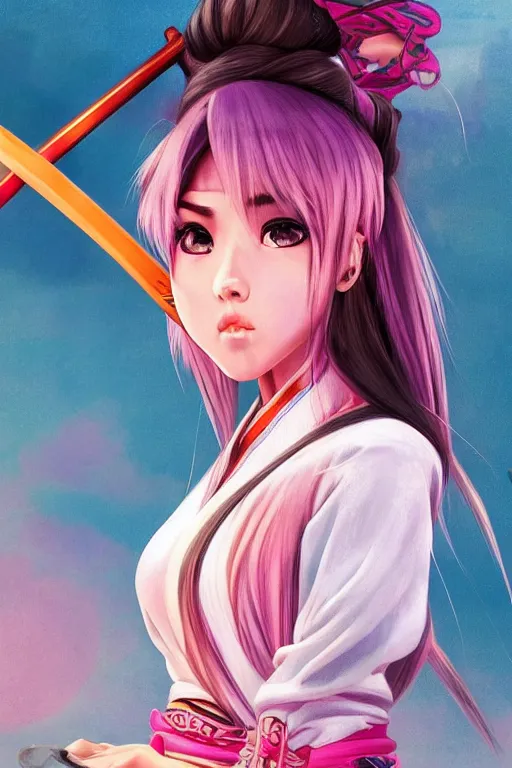 Image similar to highly detailed beautiful photo of madison beer as a young female samurai, practising her sword staces, symmetrical face, beautiful eyes, pink hair, realistic anime art style, 8 k, award winning photo, pastels colours, action photography, 1 / 1 2 5 shutter speed, sunrise lighting