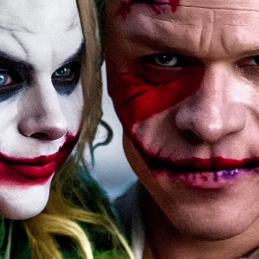 Prompt: heath ledger joker and margot robbie as harley quinn, cinematic, close up, anomorphic lens, low lighting