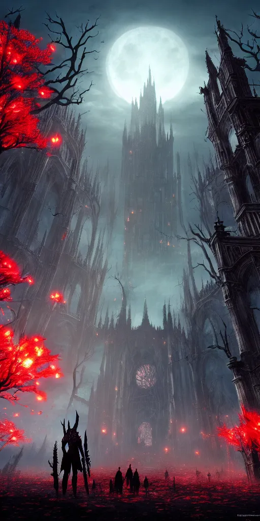 Image similar to populated bloodborne old valley with a dark person at the centre and a ruined gothic city in the background, trees and stars in the background, falling red petals, epic red - orange moonlight, perfect lightning, wallpaper illustration by niko delort and kentaro miura, 4 k, ultra realistic