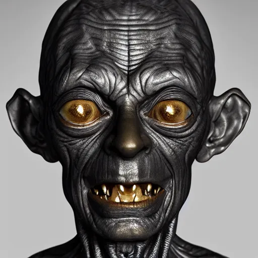 Prompt: a statue of an gollum, made of black marble with gold, perfect symmetrical face, no eyes, hyper realistic, hyper detailed, by johannen voss, by peter kemp, by monia merlo, by michelangelo, octane render, blender, 8 k