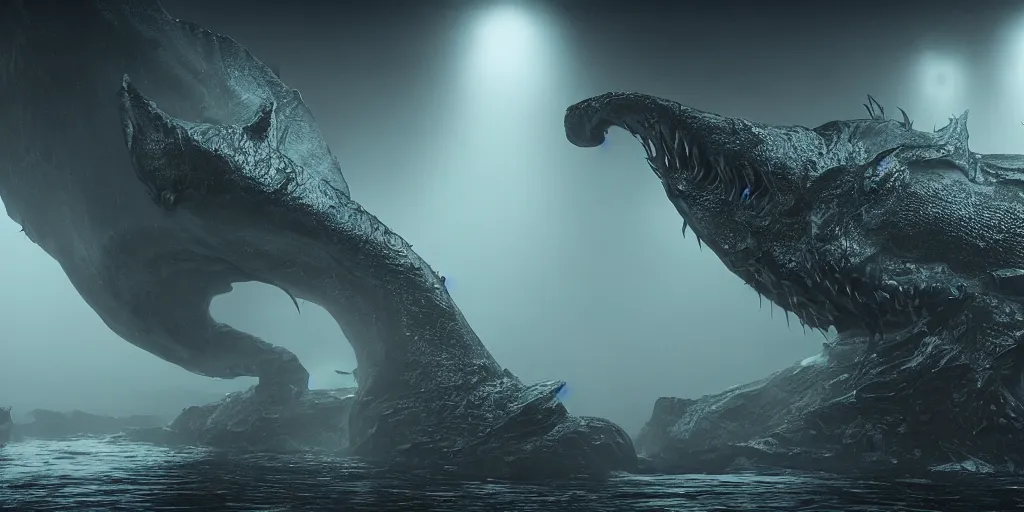 Prompt: the shadow over innsmouth, mutant fish, grand imposing powerful sculpture. swirls of mist. occult photorealism, uhd, amazing depth, volumetric lighting, cinematic lighting. epic landscape.