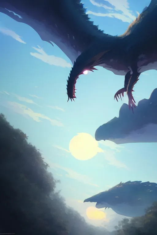 Image similar to a large creature hybrid kaiju, large fangs and a long beak, stepping out of the fog high in the sky near a small cliff, sunset, backlit, by makoto shinkai an krenz cushart