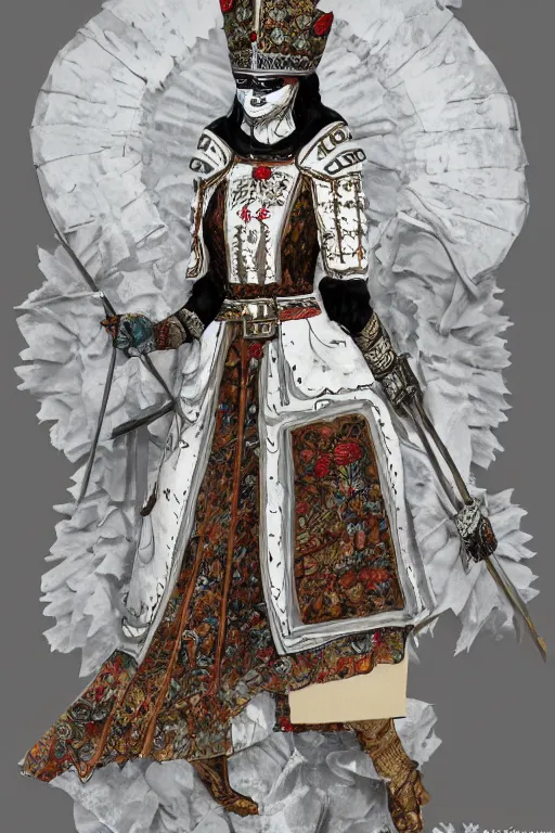Image similar to female adventurer in tight full - body white embroidered leather armor of vyshyvanka design and a white porcelain crow mask, trending in artstation, ukrainian, establishing shot