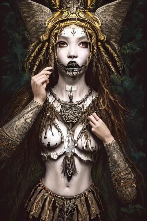 Image similar to A masterpiece ultrarealistic portrait of a Irristible angel princess tribal-shaman-knight-witch-ghost with Skull Iron mask. baroque renaissance girl in the night forest. medium shot, intricate, elegant, highly detailed. trending on artstation, digital art, by Stanley Artgerm Lau, WLOP, Rossdraws, James Jean, Andrei Riabovitchev, Marc Simonetti, Yoshitaka Amano. background by James Jean and Gustav Klimt, light by Julie Bell, 4k, porcelain skin.