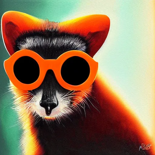 Prompt: Orange and black bassariscus astutus ringtail animal wearing cool sunglasses, digital art, portrait painting
