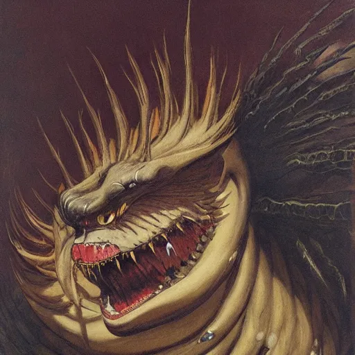 Image similar to demiurge head face eyes fangs serpent serpent python wearing a lion costume furry ears neck neck tall long viper j.m.w. turner greg rutkowski giorgio de chirico william merritt chase ralph steadman arsen savadov dan witz uta natsume
