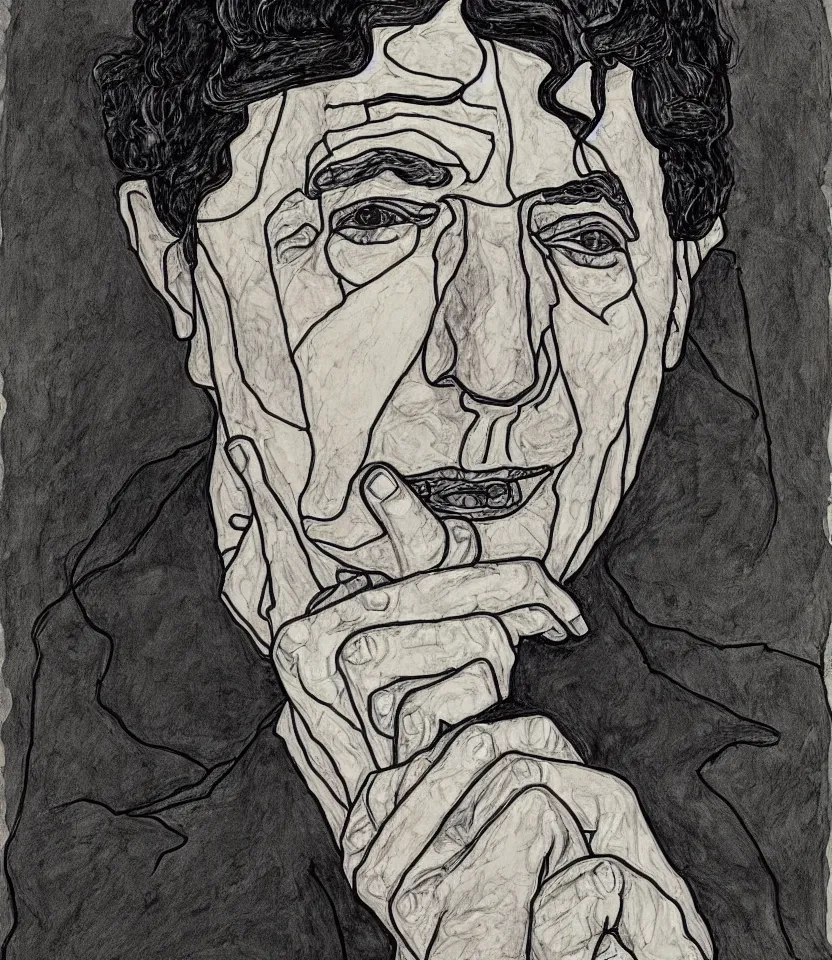 Image similar to line art portrait of leonard cohen inspired by egon schiele and jean de beaugrand. contour lines.