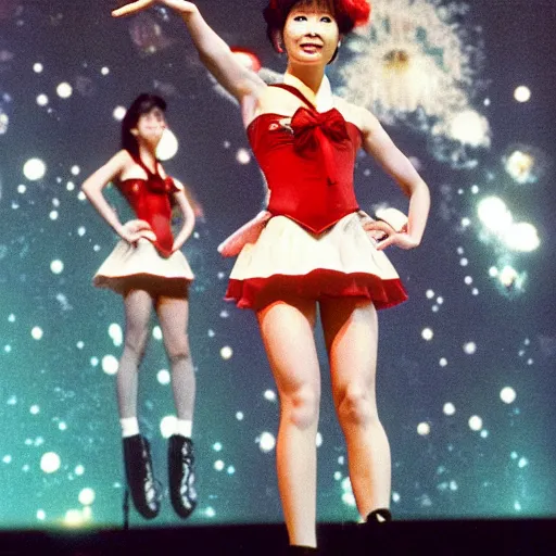 Prompt: publicity photo of 1 9 8 0 s beautiful japanese pop - idol chisato moritaka cosplaying as sailor moon, doing a heroic battle pose in the style of sailor moon, onstage at her concert in front of backup dancers.