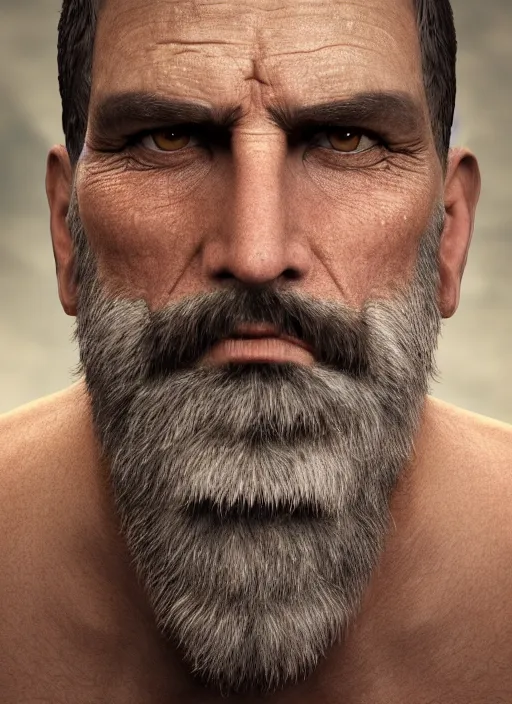 Image similar to a portrait picture of a rough looking middle - aged man, crew cut, brown hair, rugged good looks, serious face, stubble beard, scar on the cheek, highly detailed, digital art, realistic, 4 k, studio lighting, trending on artstation