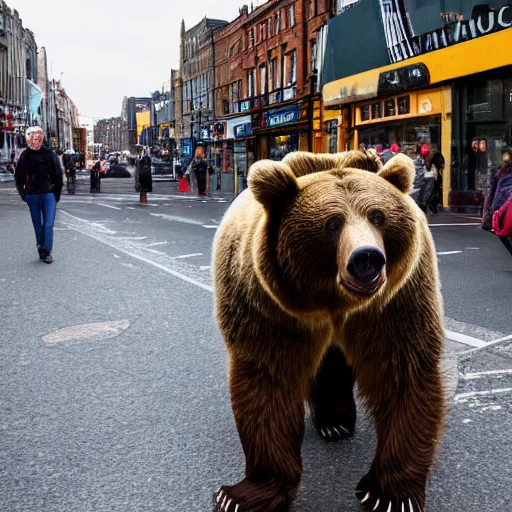 Prompt: brown bear walking down O'Connell street in Dublin, Ireland, hidden camera, photograph, 8k