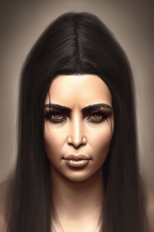 Image similar to a demonic horrific portrait of kim kardashian, white eyes, bored, illustration, soft lighting, soft details, painting oil on canvas by edmund blair leighton and charlie bowater octane render, hdr, trending on artstation, 4 k, 8 k, hd