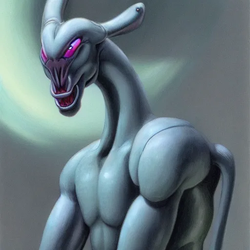 Prompt: a portrait of mewtwo, in the style of wayne barlowe