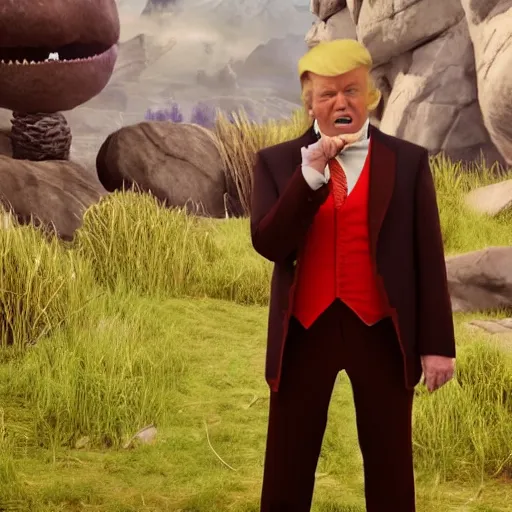 Prompt: portrait of donald trump as willy wonka in skyrim, fantasy, splash art, movie still, detailed face, photorealistic facial features, cinematic lighting, dramatic, octane render, long lens, shallow depth of field, bokeh, anamorphic lens flare, 8 k, hyper detailed, 3 5 mm film grain