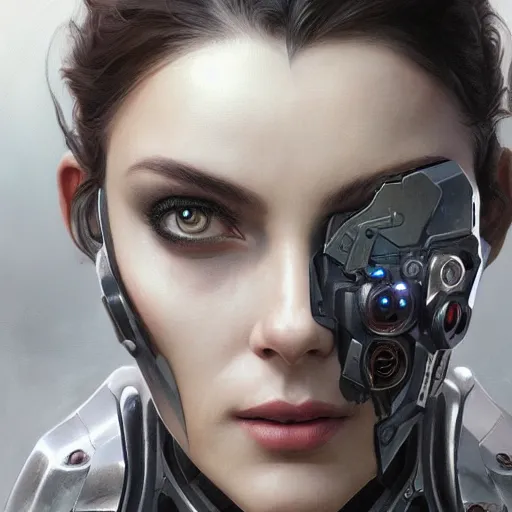 Image similar to portrait painting of a cybernetic grey ravenlike cyborg with power armor, ultra realistic, concept art, intricate details, eerie, highly detailed, photorealistic, octane render, 8 k, unreal engine. art by artgerm and greg rutkowski and alphonse mucha