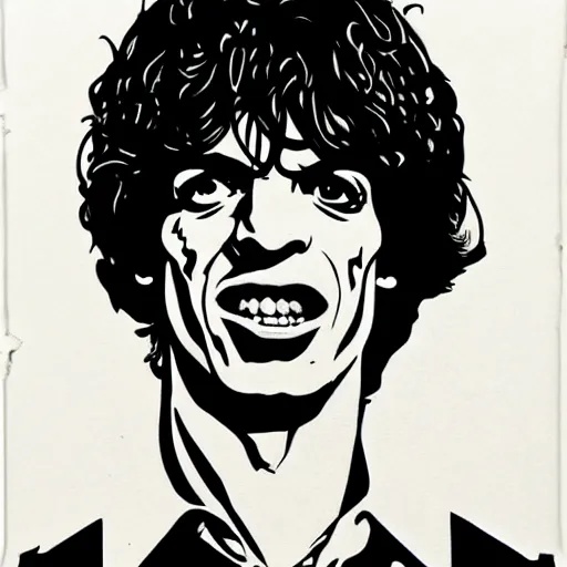 Prompt: individual youthful mick jagger silk screen butcher billy style