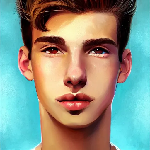 Prompt: colorful Captivating teenage boy with brown blond short quiff hair and thin slightly round facial structure with cleft chin, scruffy beard,bumpy nose, good definition of cheekbones, Alert brown eyes, narrow face, slim body, atmospheric lighting, painted, intricate, 4k, highly detailed by Charlie Bowater