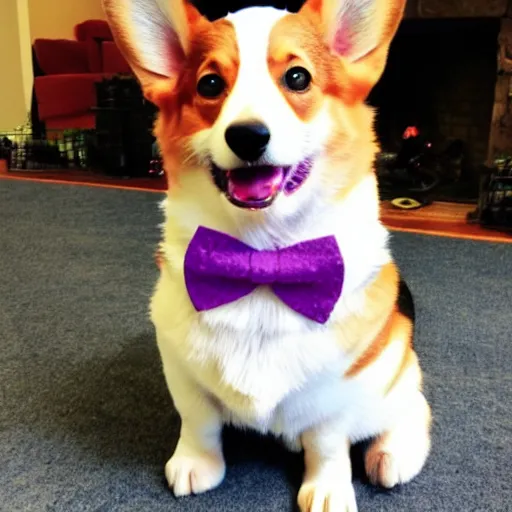 Image similar to a corgi wearing a purple party hat and a red bowtie